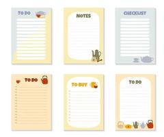 satz von vorlagen für to-do-liste, kaufliste, notizen und checkliste mit bunten teekannen und tassen. vektor