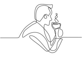 kontinuierliche eine Strichzeichnung, Vektor der Leute trinken Kaffee, einfache Skizze eines Mannes, der heißen Cappuccino auf Becher trinkt. Minimalismusentwurf mit der Einfachheit Hand gezeichnet lokalisiert auf weißem Hintergrund.