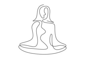 kvinna gör yoga övning kontinuerlig en linje vektor illustration minimalism stil. vacker ung flicka sitter korsande ben med yogalotus pose isolerad på vit bakgrund. minimalism stil