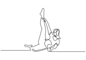 Frau, die seine Beine auf Yoga-Übung fortlaufend einzeiligen Vektorillustrations-Minimalismus-Stil streckt. Mädchen sitzt und hebt ihr ein Bein, um sich für ein gesundes Leben zu dehnen. Vektorillustration vektor