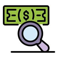 kontanter pengar under förstoringsglas ikon Färg översikt vektor