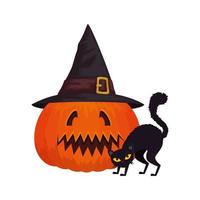 halloween pumpa med hatthäxa och katt svart vektor