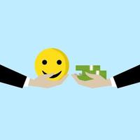 affärsman hand erbjudande pengar till köpa lycka smiley ansikte. pengar kan köpa lycka, finansiell mål mot arbete och njut av liv balans, liv filosofi begrepp eller liv Framgång dilemma. vektor