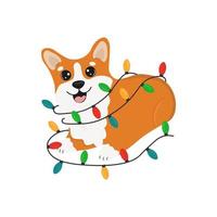 corgi mit bunter weihnachtsgirlande. Corgi-Hund-Vektor-Cartoon-Illustration. süßer, freundlicher walisischer Corgi-Welpe, isoliert auf weißem Hintergrund. vektor