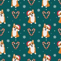 nahtloses muster mit corgis in weihnachtsmannmütze und karamellen. Hintergrund für Geschenkpapier, Grußkarten und saisonale Designs. Frohe Weihnachten und ein glückliches Neues Jahr. vektor