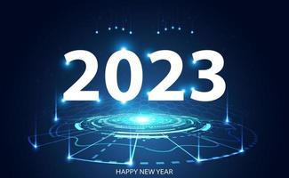 abstraktes frohes neues Jahr 2023 Kreislicht digitales Netzwerk auf blauem Hintergrund digitaler futuristischer moderner Hi-Tech-Raum vektor
