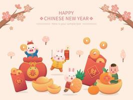 affisch för kinesisk ny år, söt kanin karaktär eller maskot, röd papper väska eller mynt eller guld göt, ny år element vektor