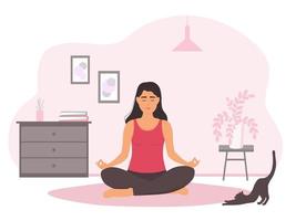 Das Mädchen sitzt im Lotussitz im Zimmer auf dem Boden. Eine Frau macht allein zu Hause Yoga-Asanas. Vektorgrafiken. vektor
