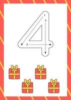 jul Flash-kort på vilket sätt till skriva siffra fyra. kalkylblad för ungar. vektor