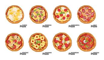 Pizza-Set leckere frische Pizza, Fast Food mit verschiedenen Füllungen. Margarita, Käse, Pilze im Hintergrund gesammelt. vektor