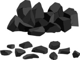 ein satz aus schwarzer kohle in verschiedenen formen. sammlung von stücken aus kohle, graphit, basalt und anthrazit. das konzept des bergbaus und erzes in einer mine.rock-fragmente, felsbrocken und baumaterial. vektor