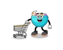 Karikatur einer Müslischale, die einen Einkaufswagen hält vektor