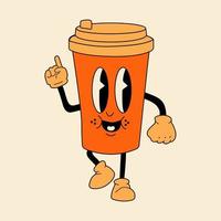 Retro Tasse heißes Getränk 30er Jahre Zeichentrickfigur Maskottchen -. 40er, 50er, 60er alter Animationsstil. vintage comic winter cafe, weihnachtsgetränk werbung, vektor. glücklich, lächeln gefühle. vektor