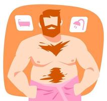 Illustration eines hemdlosen dicken Mannes mit Handtuch mit Badewannensymbol, Duschsymbol. das konzept von sauberkeit, bad, gesundheit, frisch. flacher Vektor