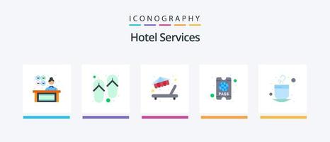 Hotelservice Flat 5 Icon Pack inklusive Tee. Kaffee. Strand. Fahrkarte. Hotel. kreatives Symboldesign vektor