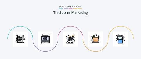traditionell marknadsföring linje fylld platt 5 ikon packa Inklusive klick. frakt. vagn. produkt. låda vektor