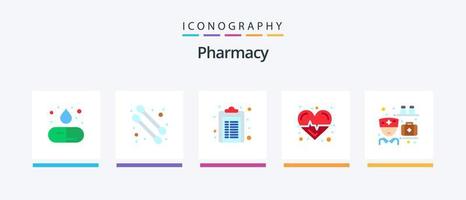 Apotheke Flat 5 Icon Pack inklusive Pillen. Medizin. Notiz. Medikament. Wissenschaft. kreatives Symboldesign vektor