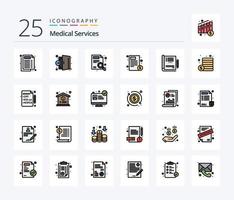 Medizinische Dienstleistungen 25 Zeilen gefülltes Icon Pack inklusive Arzt. Krankenhaus. finden. Gesundheitspflege. dokumentieren vektor