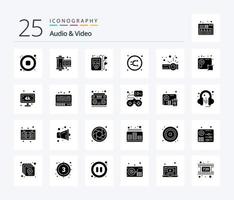 Audio und Video 25 Solid-Glyphen-Icon-Pack inklusive Präsentation. Mischen. MP-Multimedia. willkürlich. mischen vektor