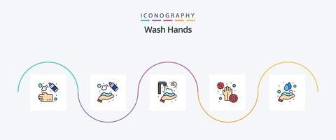 tvätta händer linje fylld platt 5 ikon packa Inklusive händer. smutsig. tvätta. covid. händer vektor