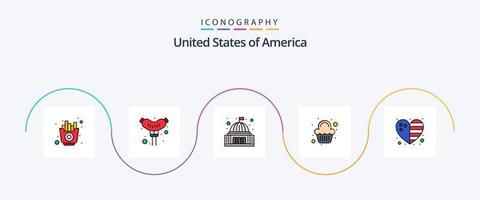 USA-Linie gefülltes flaches 5-Icon-Paket einschließlich Land. Feier. Gebäude. süss. Kuchen vektor