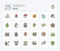 Frühling 25 Zeilen gefülltes Icon Pack inklusive Rechen. sinken. Regenschirm. Wasser. Wetter vektor