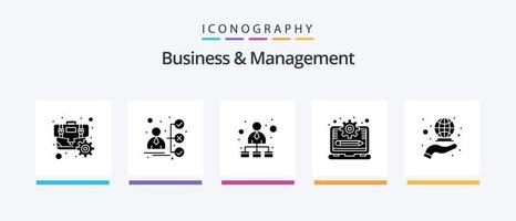 Geschäfts- und Management-Glyphe 5-Symbolpaket, einschließlich global. Fortschritt. hierarchisches Netzwerk. Management System. Laptop. kreatives Symboldesign vektor