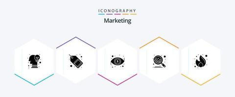 Marketing-Icon-Pack mit 25 Glyphen, einschließlich Feuer. entdecken. Verkaufsetikett. Diagramm. Sicht vektor