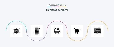 Symbolpaket für Gesundheit und medizinische Glyphe 5, einschließlich . medizinischer Monitor. Bett. medizinische Elektronik. Zahn vektor
