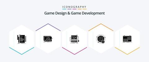 Spieldesign und Spielentwicklung 25 Glyphen-Icon-Pack inklusive Welt. in Verbindung gebracht. vollständig. Spiel. Geschäft vektor