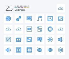 Multimedia-Icon-Pack mit 25 blauen Farben, einschließlich Messgerät. Bild. Foto. Album. Mann vektor