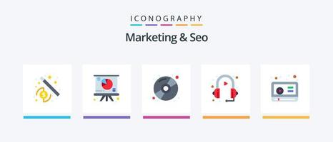 Marketing und SEO Flat 5 Icon Pack inklusive Video. Telemarketer. kompakt. Service. Kopfhörer. kreatives Symboldesign vektor