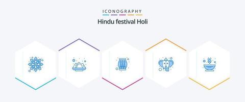 Holi 25 blaues Icon Pack inklusive Flamme. Hinduismus. Trommel. Hindu. Überzeugungen vektor