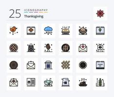 Thanksgiving 25 Zeilen gefülltes Icon Pack inklusive Kürbiskuchen. Urlaub. Blatt. Abendessen. das Erntedankfest vektor