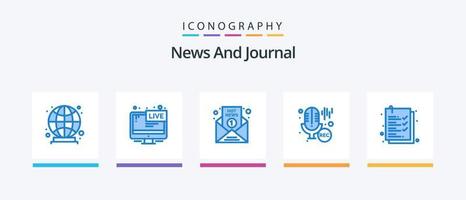 News Blue 5 Icon Pack inklusive Checkliste. Fachmann. aktuelle Nachrichten. Mikrofon. Bericht. kreatives Symboldesign vektor