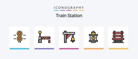 tåg station linje fylld 5 ikon packa Inklusive biljett. byggnad. tecken. transport. flagga. kreativ ikoner design vektor
