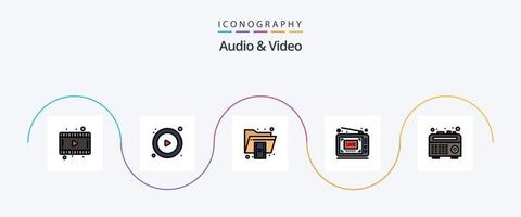 Audio- und Videozeile gefülltes flaches 5-Icon-Pack einschließlich Rekorder. Boom-Box. Ordner. Video. live vektor