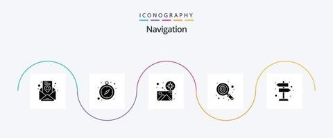 Navigationsglyphe 5 Icon Pack inklusive Schild. suchen. Richtung. Standort. Karte vektor