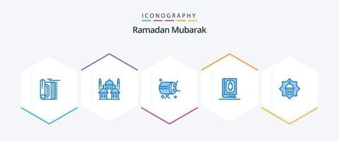 Ramadan 25 blaues Icon Pack inklusive Ramadan. Buch. Mond. Koran. Instrument vektor