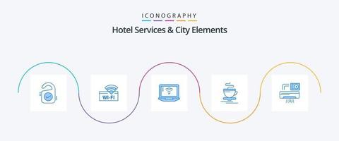 hotelservices und city elements blue 5 icon pack inklusive klimaanlage. Hotel. Laptop. heiß. Tee vektor