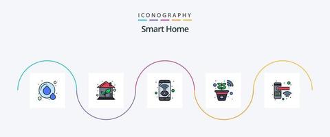 smart Hem linje fylld platt 5 ikon packa Inklusive knopp. smart växt. mobil. växt. kontrollera vektor