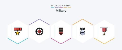 Military 25 Filledline Icon Pack inklusive Waffe. Bombe. Soldat. Schild. Rang vektor