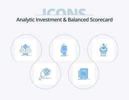 analytisk investering och balanserad score-kort blå ikon packa 5 ikon design. slutsats. algoritm. grad. strategi. mäta vektor