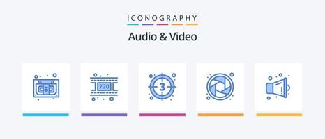 audio och video blå 5 ikon packa Inklusive högtalare. megafon. filma. slutare. kamera. kreativ ikoner design vektor