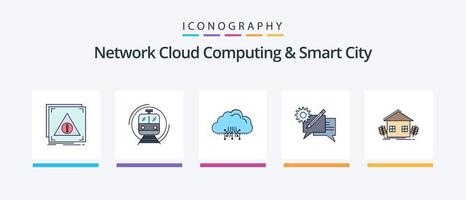 Network Cloud Computing und Smart City Line gefüllt 5 Icon Pack inklusive Speicher. Nachricht. Internet. Einstellung. Kommunikation. kreatives Symboldesign vektor