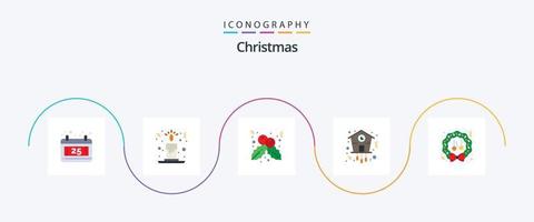 Christmas Flat 5 Icon Pack inklusive Winter. Dekoration. Stechpalme. Weihnachten. Uhr vektor