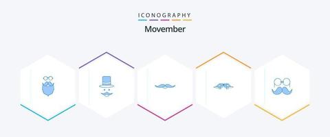 Movember 25 blå ikon packa Inklusive flyttar. mustasch. hatt. män. Movember vektor