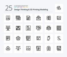 Design Thinking und D Printing Modeling 25-Zeilen-Icon-Pack inklusive Bildung. Ausbildung. Datei . Umschlag. Post vektor