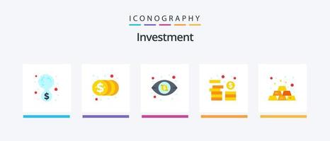 investering platt 5 ikon packa Inklusive guld bar. bar. dollar. mynt. investering. kreativ ikoner design vektor