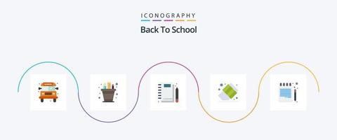 tillbaka till skola platt 5 ikon packa Inklusive bok penna. radera. jotter. utbildning. skrivning vektor